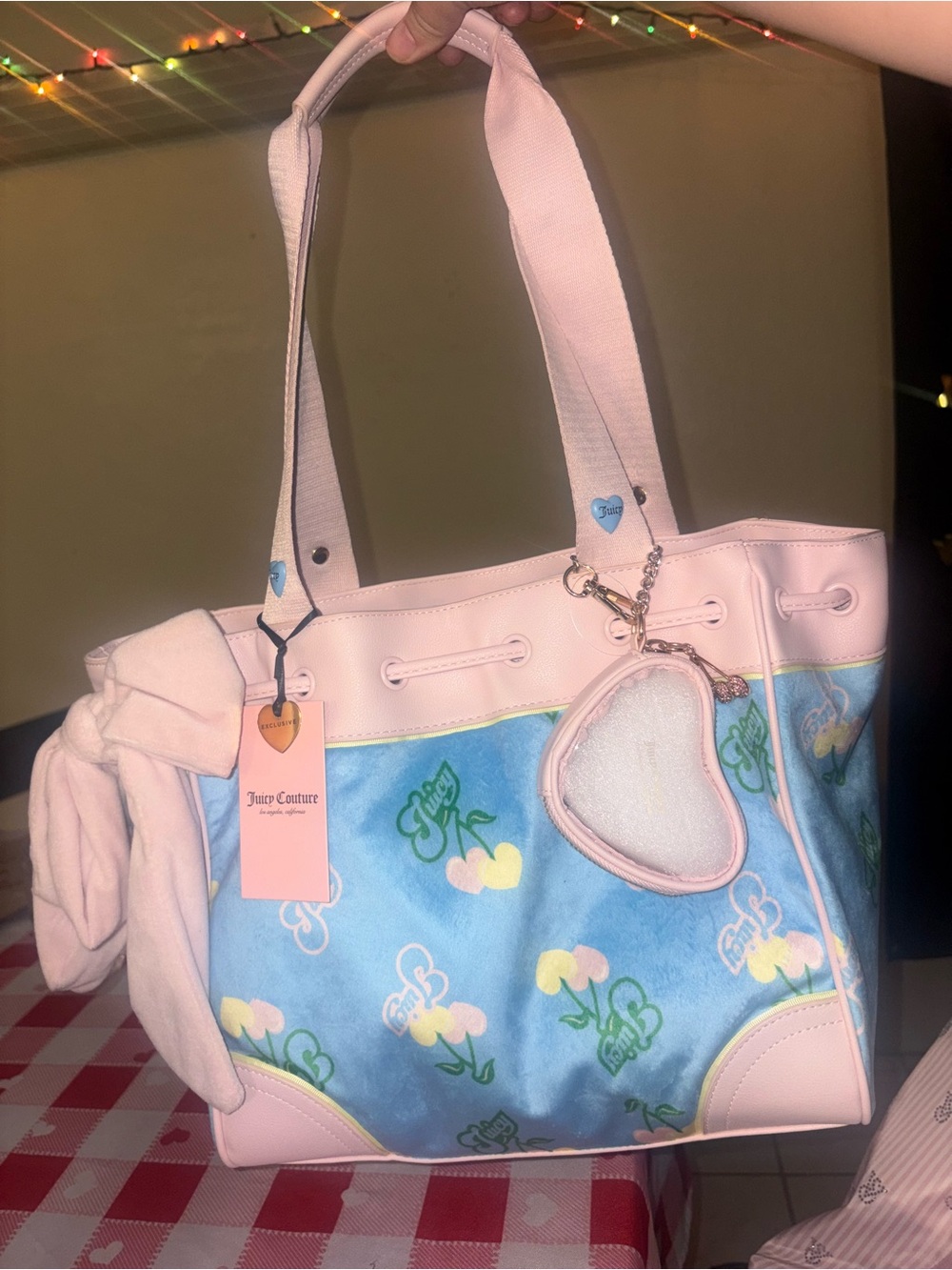 Juicy Couture Pink and Blue Floral Heart Charm Shoulder Bag